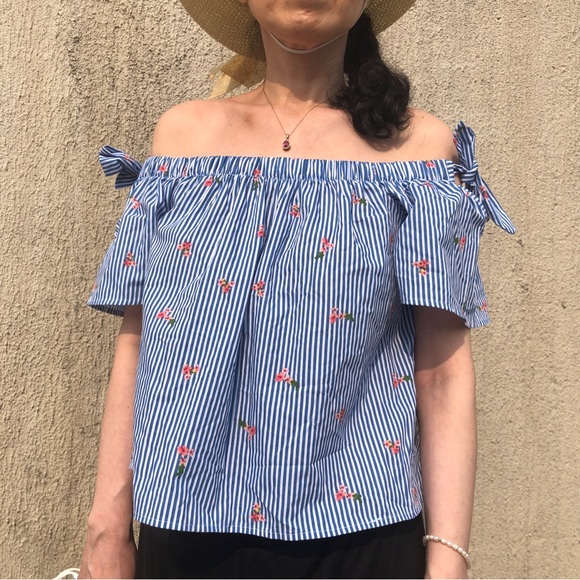 Blue Striped Off-shoulder Blouse Tee - Picture 8 of 13